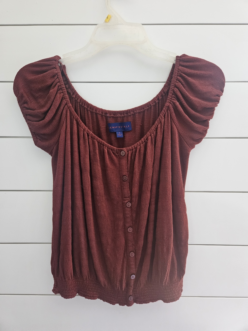 Aeropostale Women's Burgundy Button-Front Peasant Top